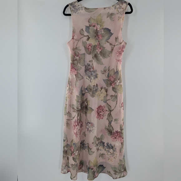 VTG Studio Connection Floral Midi Dress Pink Sheer Overlay Sleeveless 14 Pastel - Picture 2 of 8